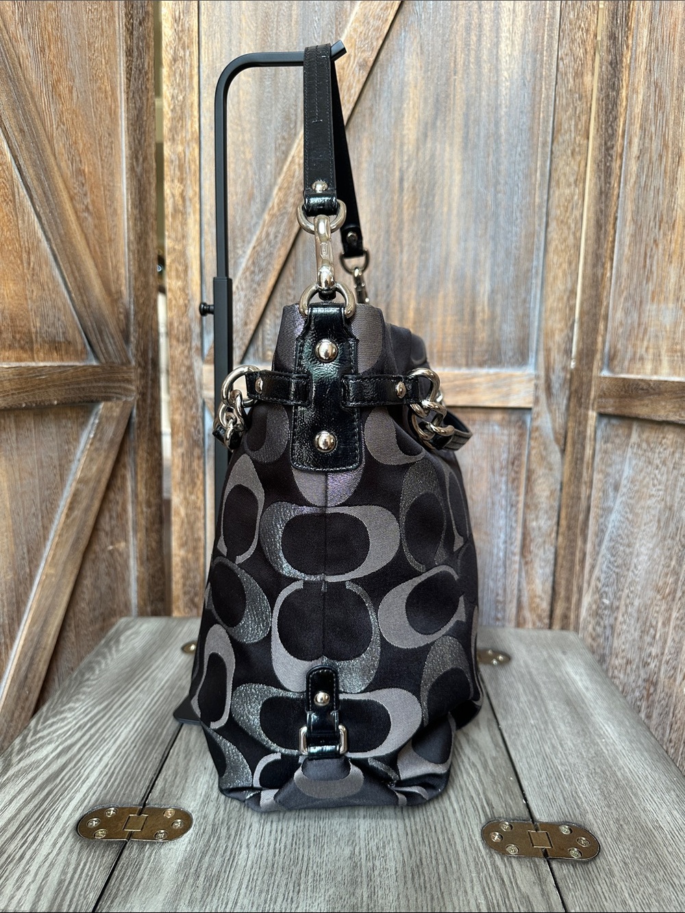 Coach Brooke Signature C Black & Metallic Silver Canvas Shoulder Satchel Tote - Picture 3 of 16